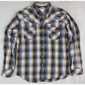 Mens Buckle BKE Shirt Plaid Size XL Slim‎ Pearl Snap Embroidered Distressed